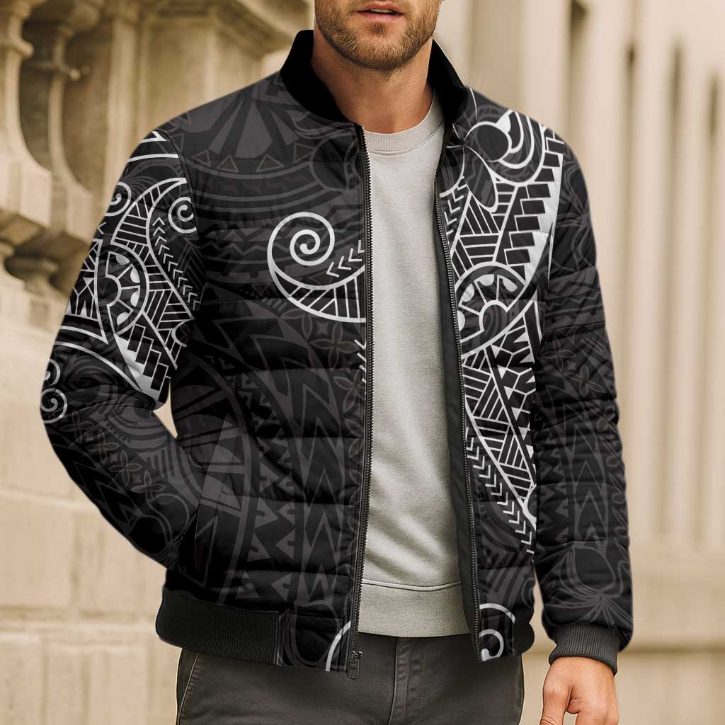 Black White Polynesian Tribal Bomber Puffer Jacket - Polynesian Pride