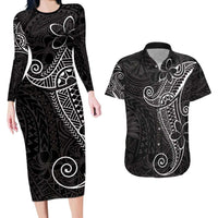 Black White Polynesian Tribal Couples Matching Long Sleeve Bodycon Dress and Hawaiian Shirt - Polynesian Pride