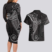 Black White Polynesian Tribal Couples Matching Long Sleeve Bodycon Dress and Hawaiian Shirt - Polynesian Pride