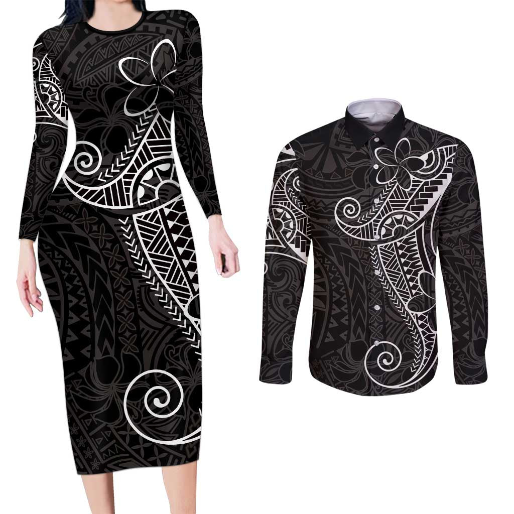 Black White Polynesian Tribal Couples Matching Long Sleeve Bodycon Dress and Long Sleeve Button Shirt - Polynesian Pride