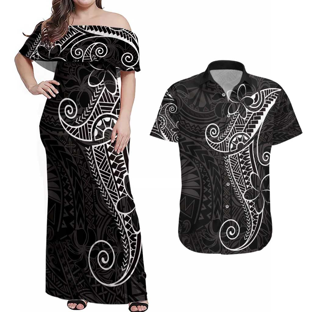 Black White Polynesian Tribal Couples Matching Off Shoulder Maxi Dress and Hawaiian Shirt - Polynesian Pride