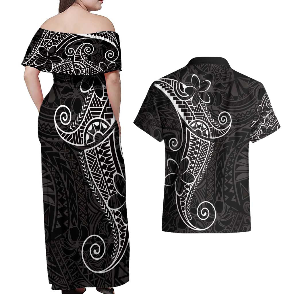 Black White Polynesian Tribal Couples Matching Off Shoulder Maxi Dress and Hawaiian Shirt - Polynesian Pride