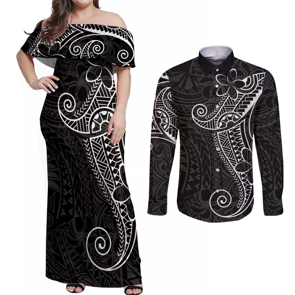 Black White Polynesian Tribal Couples Matching Off Shoulder Maxi Dress and Long Sleeve Button Shirt - Polynesian Pride