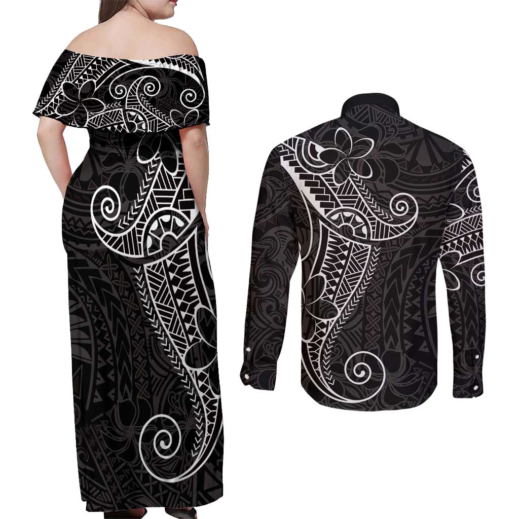 Black White Polynesian Tribal Couples Matching Off Shoulder Maxi Dress and Long Sleeve Button Shirt - Polynesian Pride