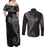 Black White Polynesian Tribal Couples Matching Off Shoulder Maxi Dress and Long Sleeve Button Shirt - Polynesian Pride