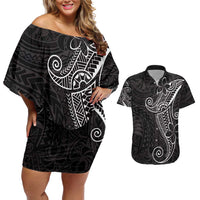 Black White Polynesian Tribal Couples Matching Off Shoulder Short Dress and Hawaiian Shirt - Polynesian Pride