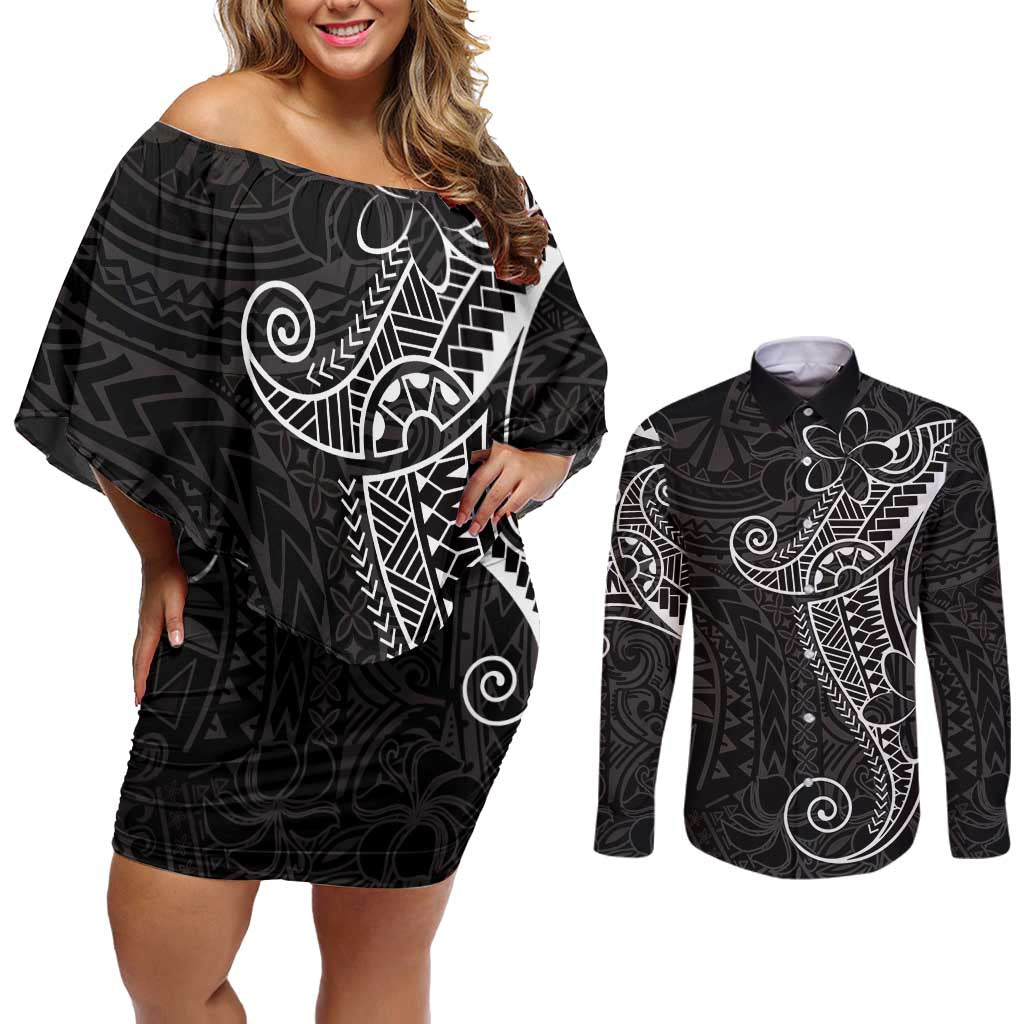 Black White Polynesian Tribal Couples Matching Off Shoulder Short Dress and Long Sleeve Button Shirt - Polynesian Pride