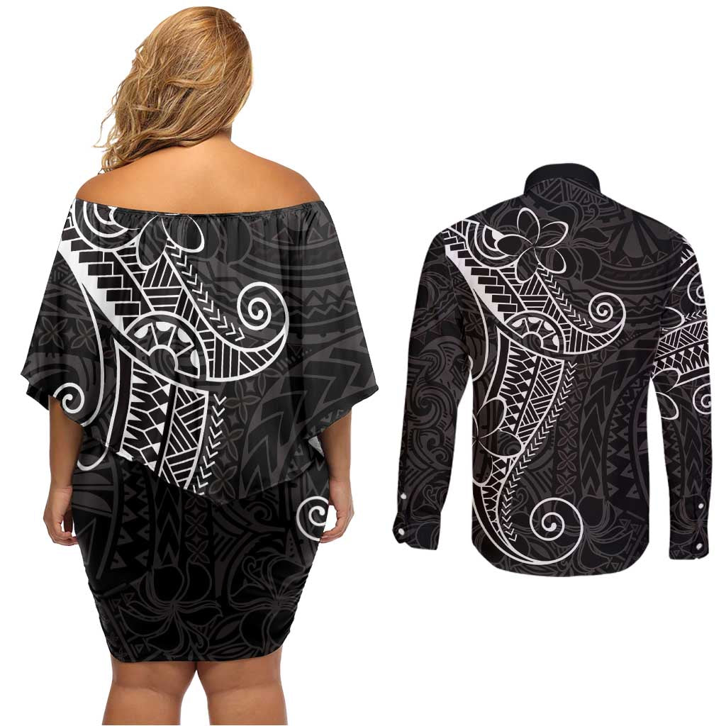 Black White Polynesian Tribal Couples Matching Off Shoulder Short Dress and Long Sleeve Button Shirt - Polynesian Pride