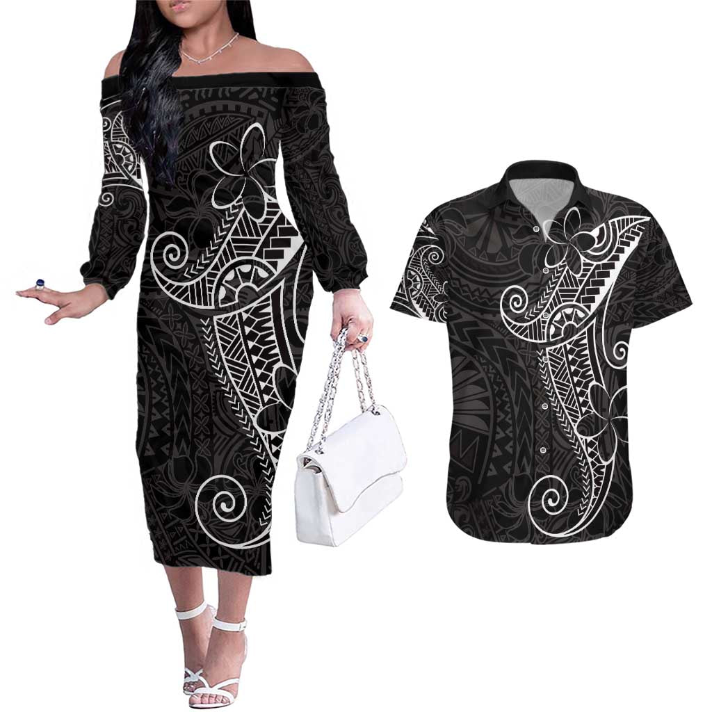 Black White Polynesian Tribal Couples Matching Off The Shoulder Long Sleeve Dress and Hawaiian Shirt - Polynesian Pride