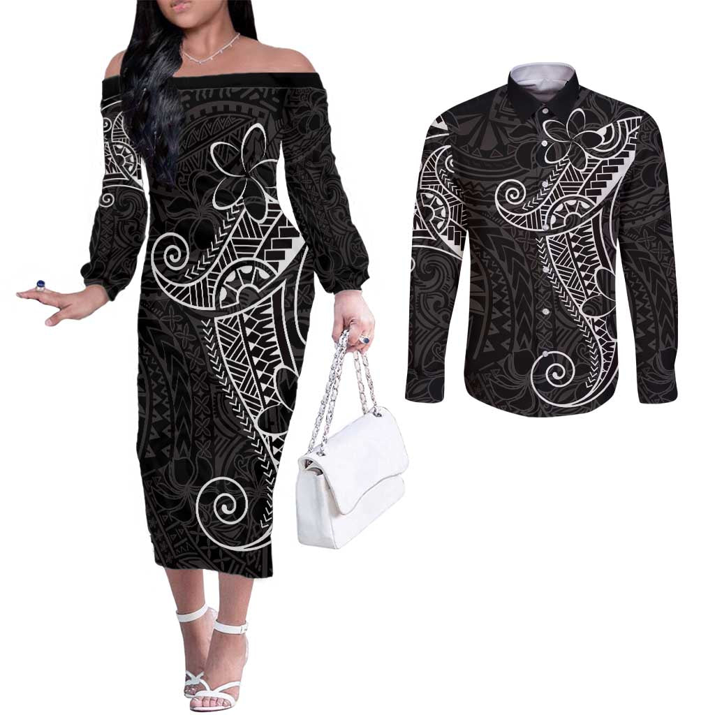 Black White Polynesian Tribal Couples Matching Off The Shoulder Long Sleeve Dress and Long Sleeve Button Shirt - Polynesian Pride