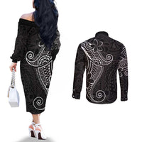 Black White Polynesian Tribal Couples Matching Off The Shoulder Long Sleeve Dress and Long Sleeve Button Shirt - Polynesian Pride