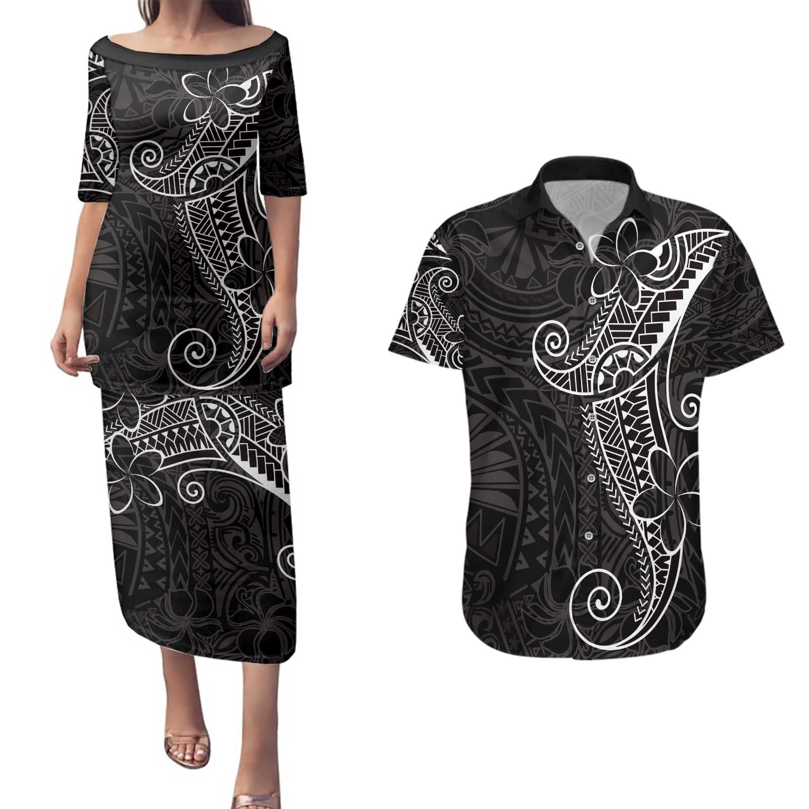 Black White Polynesian Tribal Couples Matching Puletasi and Hawaiian Shirt - Polynesian Pride