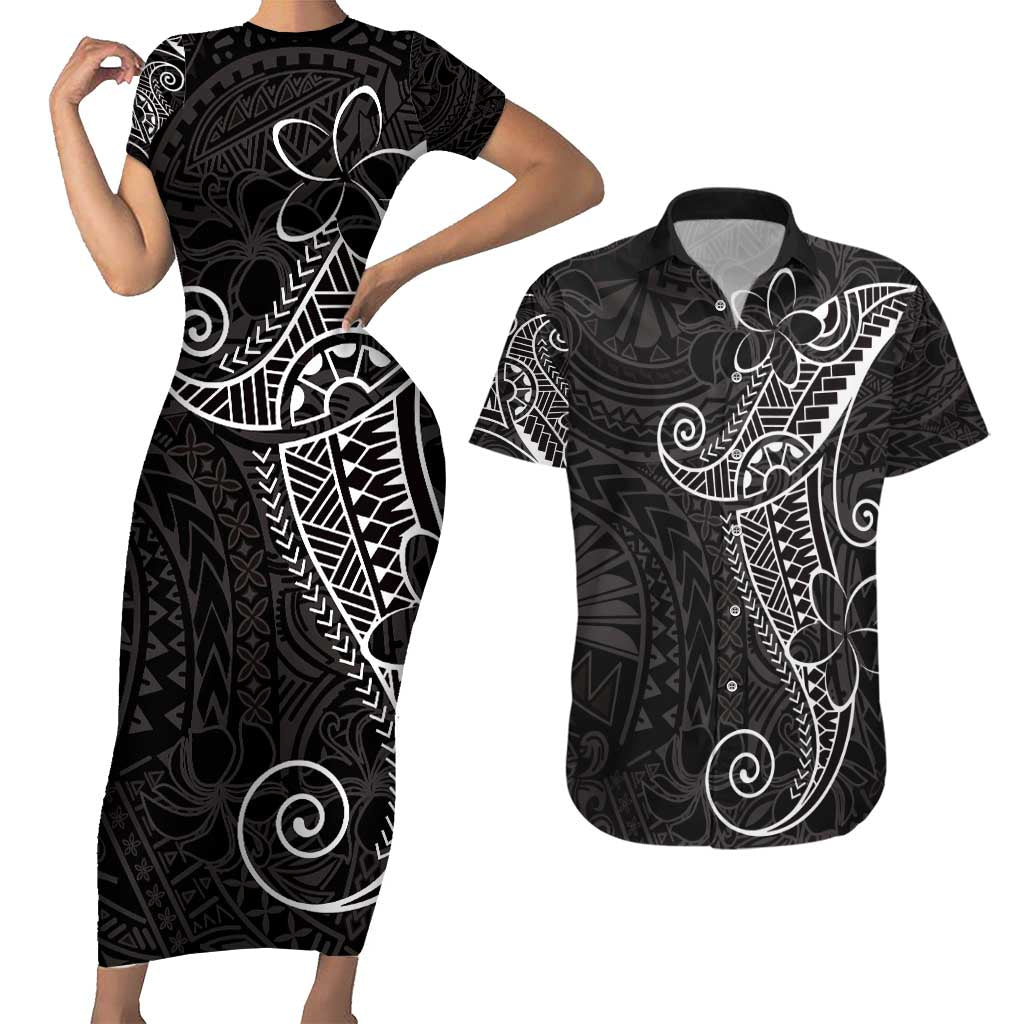 Black White Polynesian Tribal Couples Matching Short Sleeve Bodycon Dress and Hawaiian Shirt - Polynesian Pride