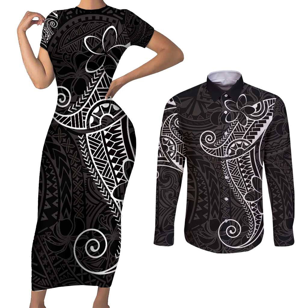 Black White Polynesian Tribal Couples Matching Short Sleeve Bodycon Dress and Long Sleeve Button Shirt - Polynesian Pride
