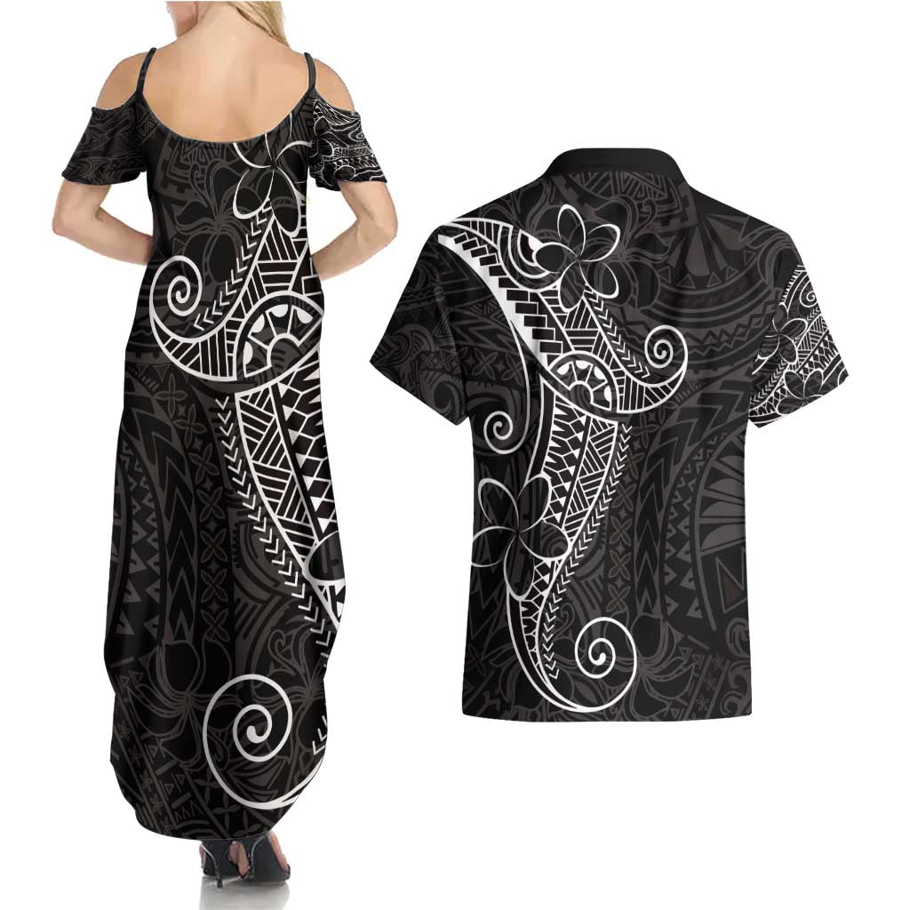 Black White Polynesian Tribal Couples Matching Summer Maxi Dress and Hawaiian Shirt - Polynesian Pride