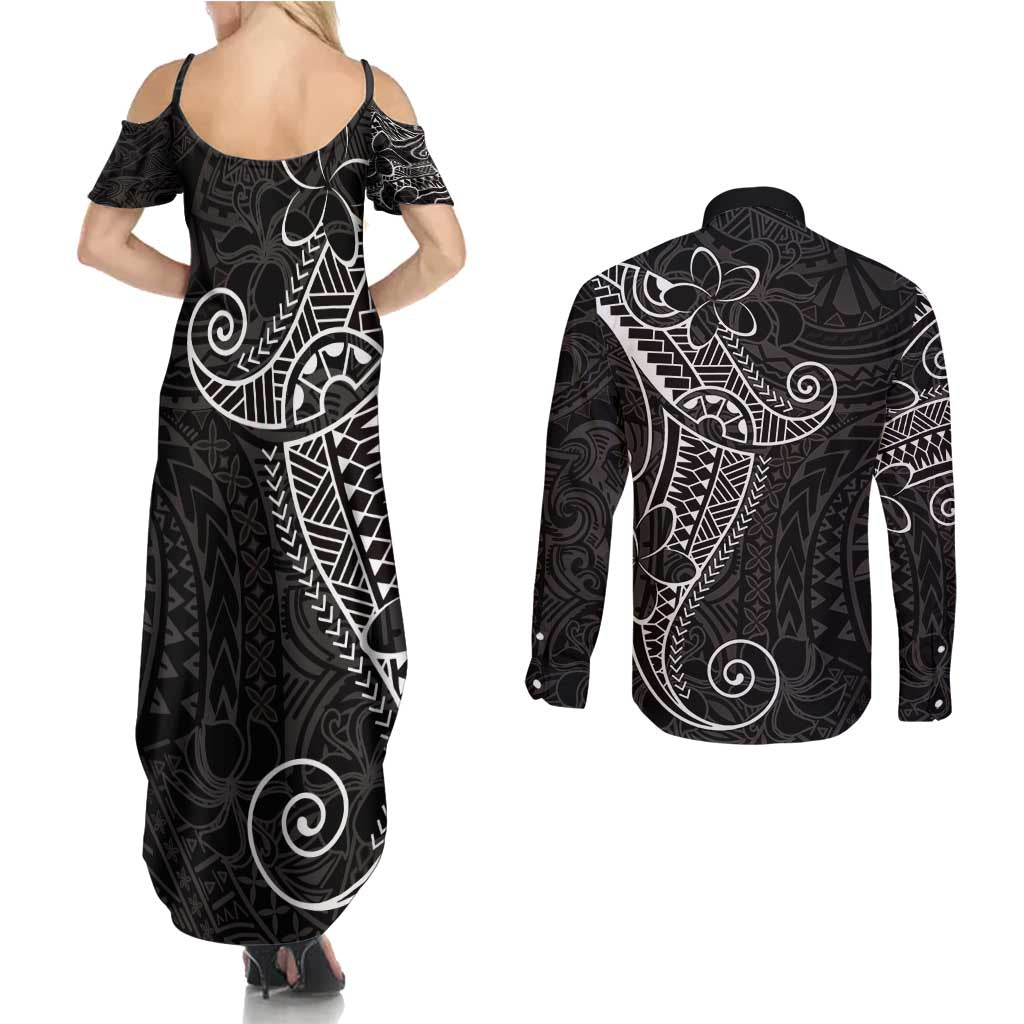 Black White Polynesian Tribal Couples Matching Summer Maxi Dress and Long Sleeve Button Shirt - Polynesian Pride