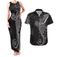 Black White Polynesian Tribal Couples Matching Tank Maxi Dress and Hawaiian Shirt - Polynesian Pride