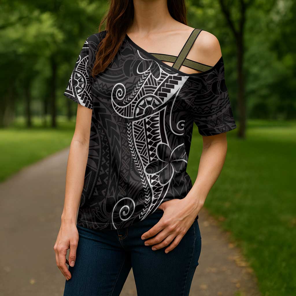Black White Polynesian Tribal Cross Shoulder Shirt - Polynesian Pride