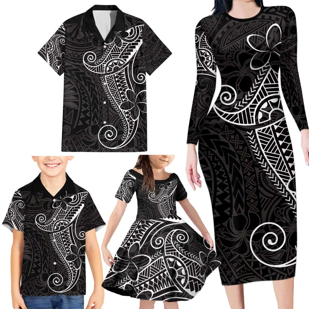 Black White Polynesian Tribal Family Matching Long Sleeve Bodycon Dress and Hawaiian Shirt - Polynesian Pride