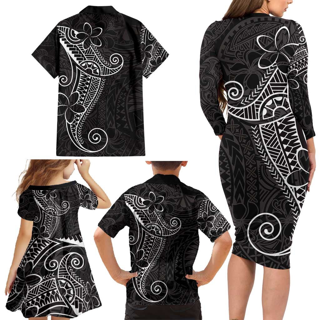Black White Polynesian Tribal Family Matching Long Sleeve Bodycon Dress and Hawaiian Shirt - Polynesian Pride