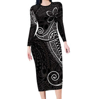 Black White Polynesian Tribal Family Matching Long Sleeve Bodycon Dress and Hawaiian Shirt - Polynesian Pride