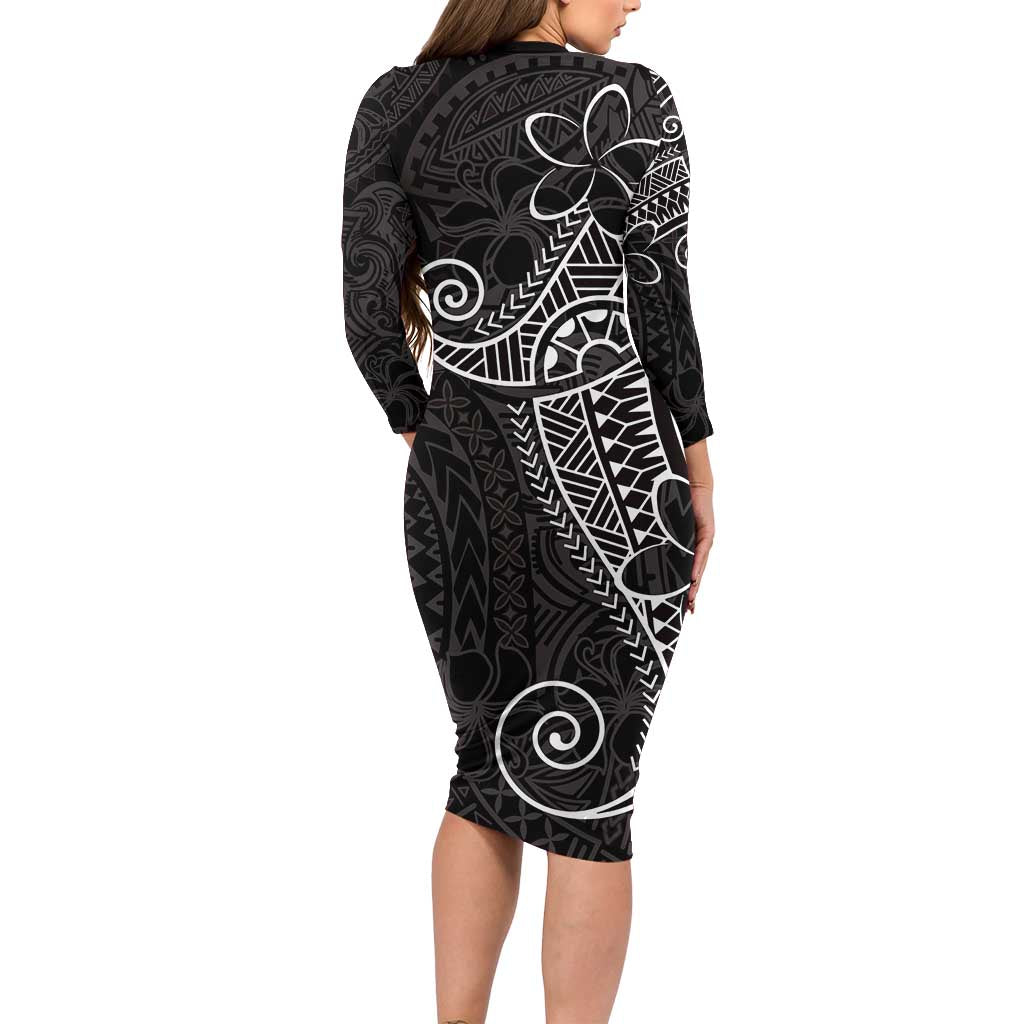 Black White Polynesian Tribal Family Matching Long Sleeve Bodycon Dress and Hawaiian Shirt - Polynesian Pride