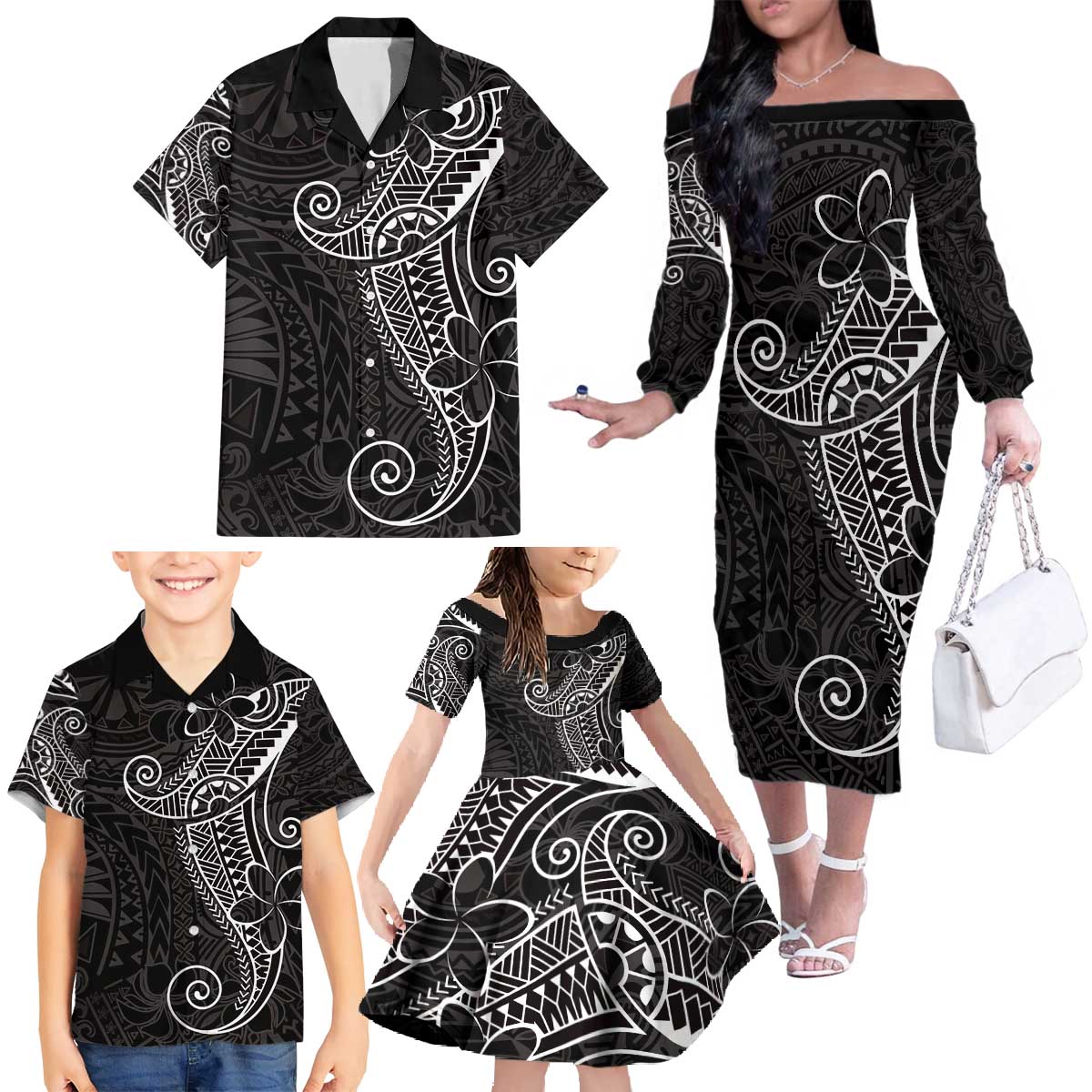 Black White Polynesian Tribal Family Matching Off The Shoulder Long Sleeve Dress and Hawaiian Shirt - Polynesian Pride