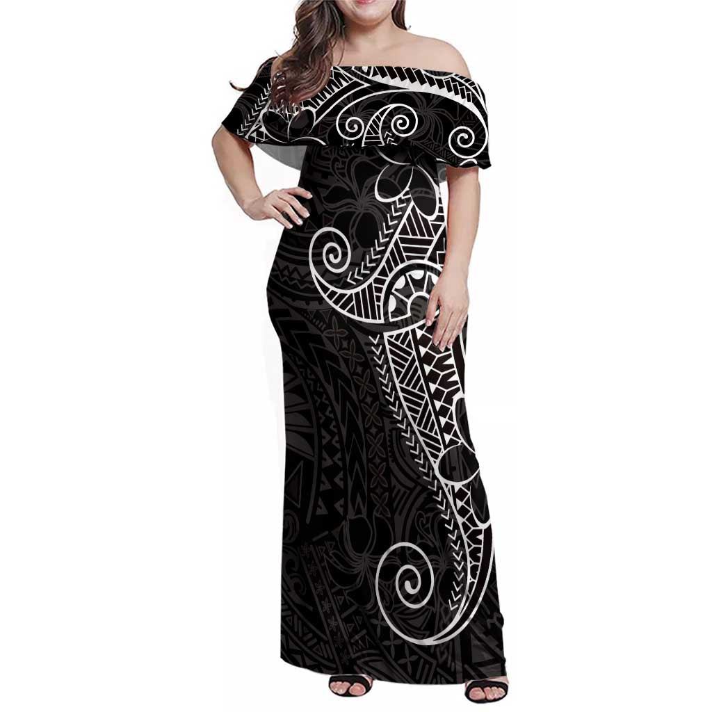 Black White Polynesian Tribal Family Matching Off Shoulder Maxi Dress and Hawaiian Shirt - Polynesian Pride