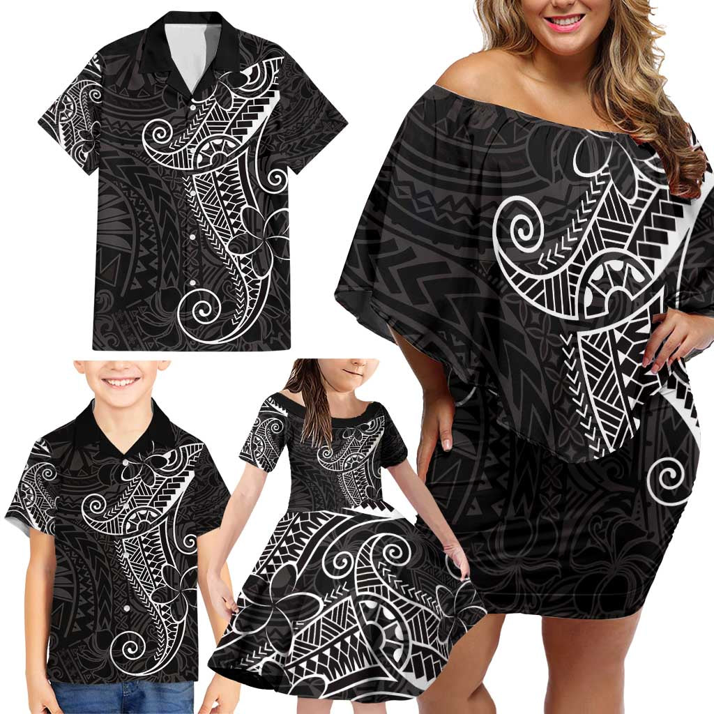 Black White Polynesian Tribal Family Matching Off Shoulder Short Dress and Hawaiian Shirt - Polynesian Pride