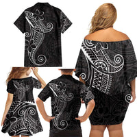 Black White Polynesian Tribal Family Matching Off Shoulder Short Dress and Hawaiian Shirt - Polynesian Pride