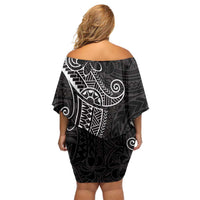 Black White Polynesian Tribal Family Matching Off Shoulder Short Dress and Hawaiian Shirt - Polynesian Pride