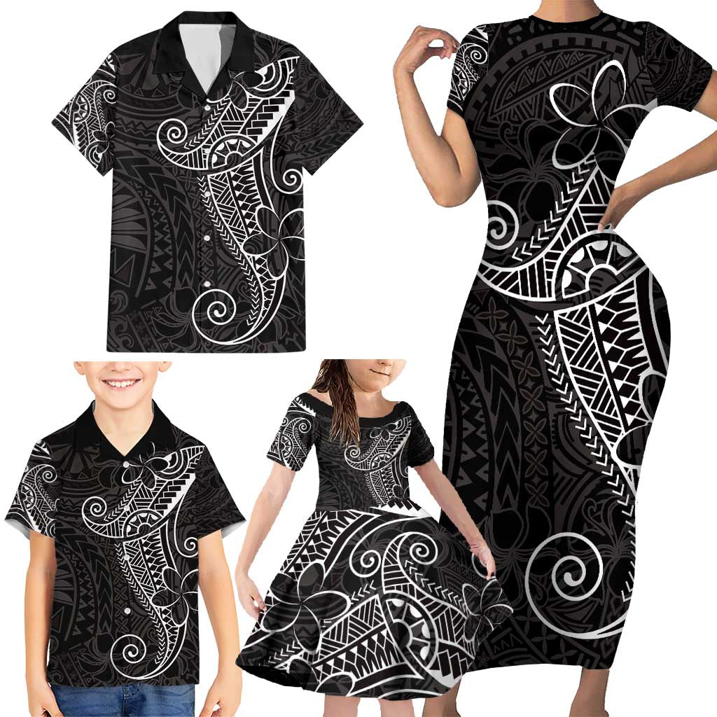 Black White Polynesian Tribal Family Matching Short Sleeve Bodycon Dress and Hawaiian Shirt - Polynesian Pride