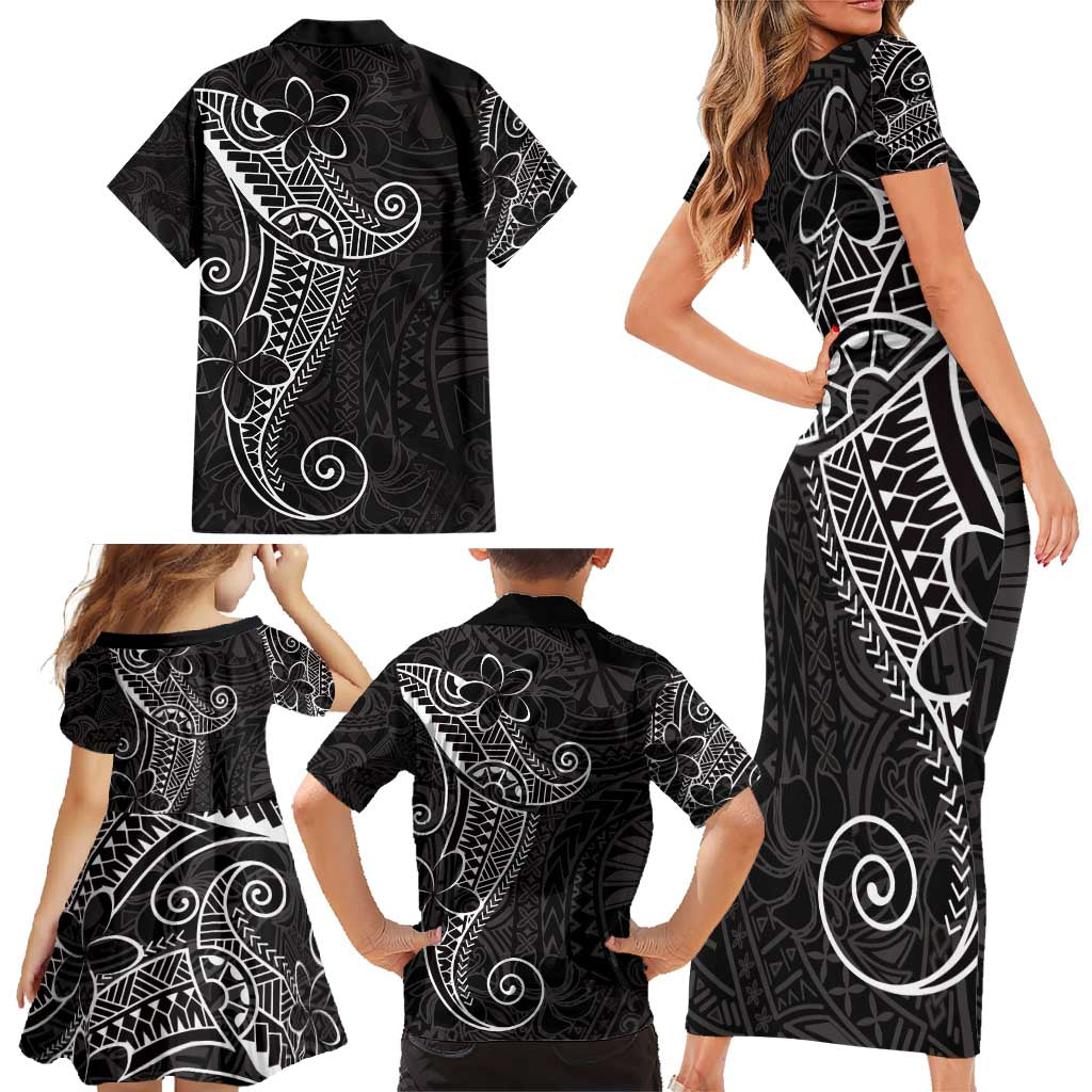 Black White Polynesian Tribal Family Matching Short Sleeve Bodycon Dress and Hawaiian Shirt - Polynesian Pride
