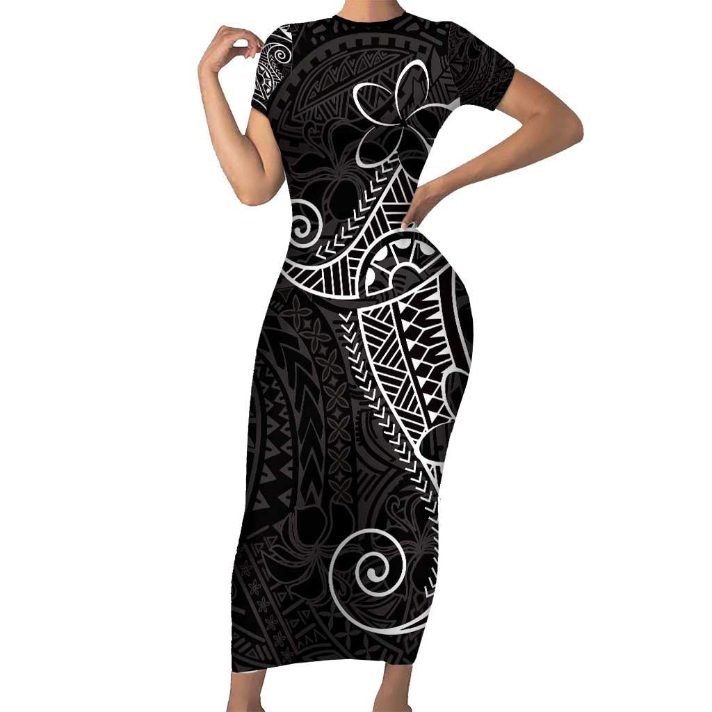 Black White Polynesian Tribal Family Matching Short Sleeve Bodycon Dress and Hawaiian Shirt - Polynesian Pride