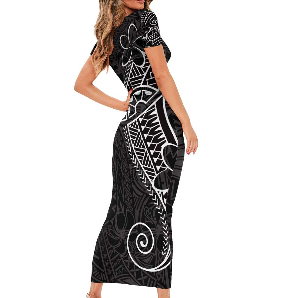 Black White Polynesian Tribal Family Matching Short Sleeve Bodycon Dress and Hawaiian Shirt - Polynesian Pride