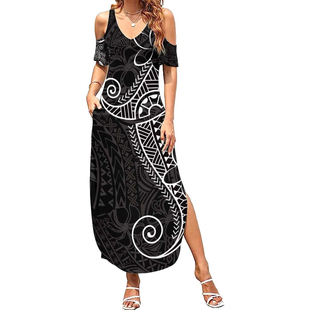 Black White Polynesian Tribal Family Matching Summer Maxi Dress and Hawaiian Shirt - Polynesian Pride