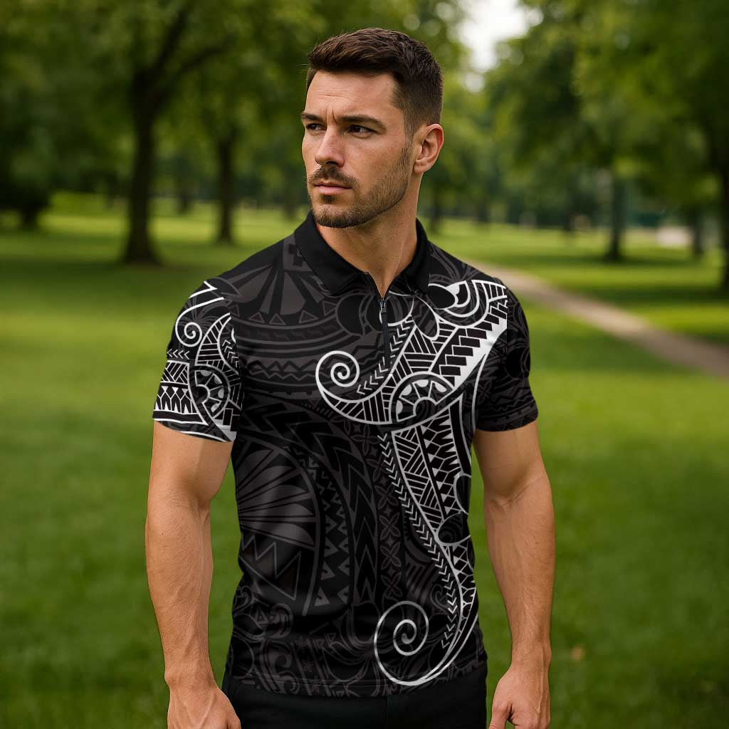 Black White Polynesian Tribal Zipper Polo Shirt - Polynesian Pride