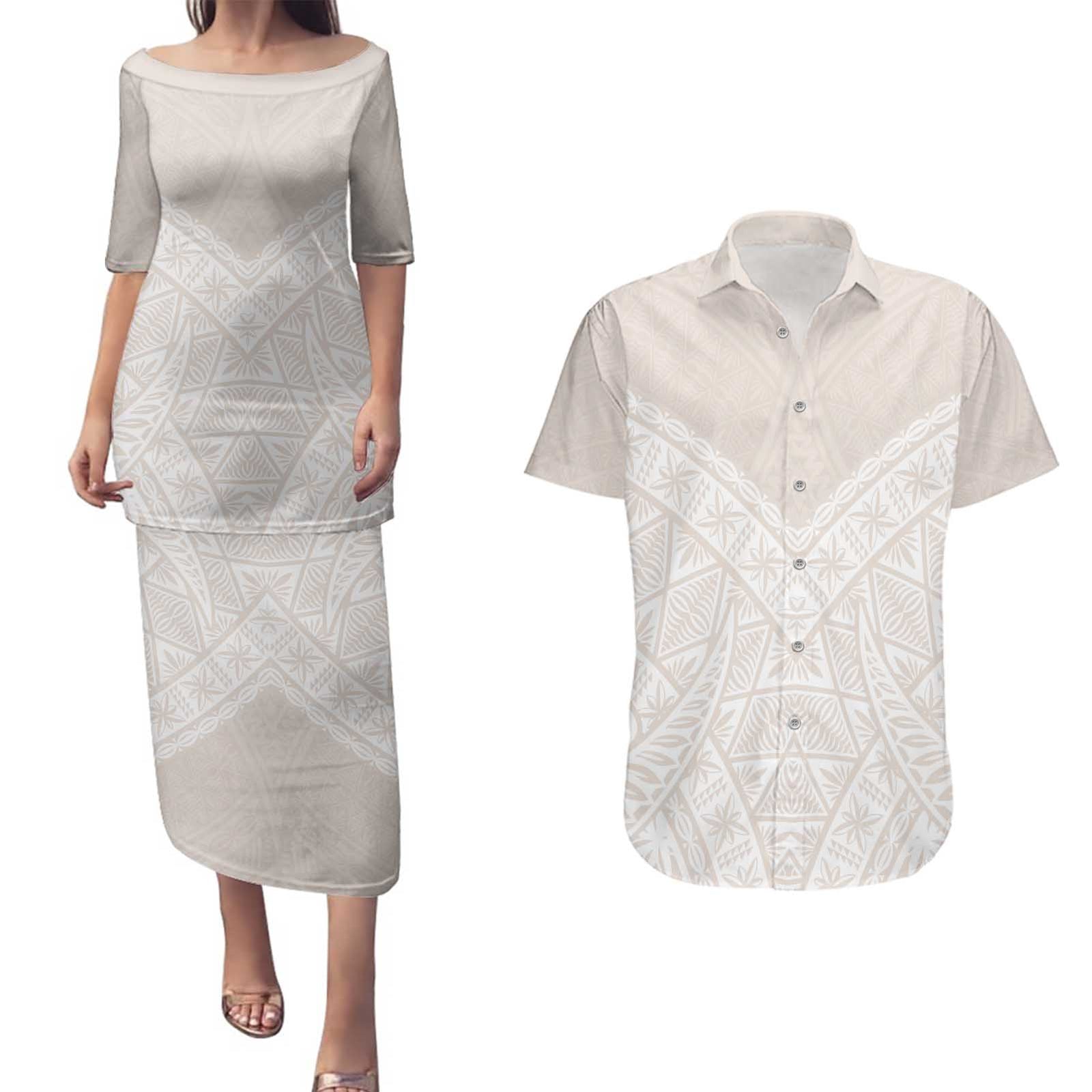 Lotu Tamaiti Tongan Polynesian Art Pattern Couples Matching Puletasi and Hawaiian Shirt Traditional Tribal Motifs - Polynesian Pride