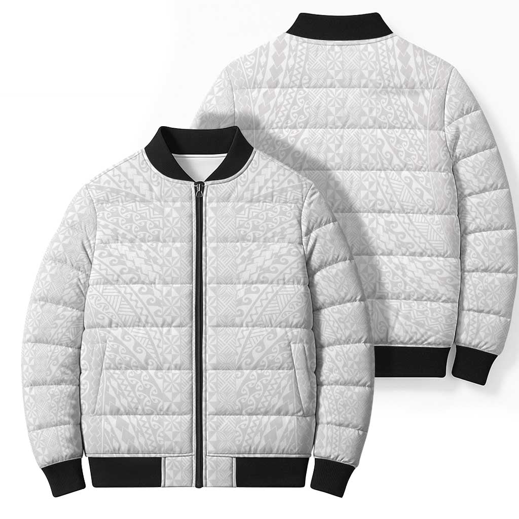 Lotu Tamaiti White Tongan Ngatu Bomber Puffer Jacket Polynesian Tribal Fonulei Pattern - Polynesian Pride