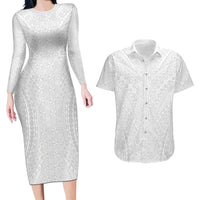 Lotu Tamaiti White Tongan Ngatu Couples Matching Long Sleeve Bodycon Dress and Hawaiian Shirt Polynesian Tribal Fonulei Pattern - Polynesian Pride