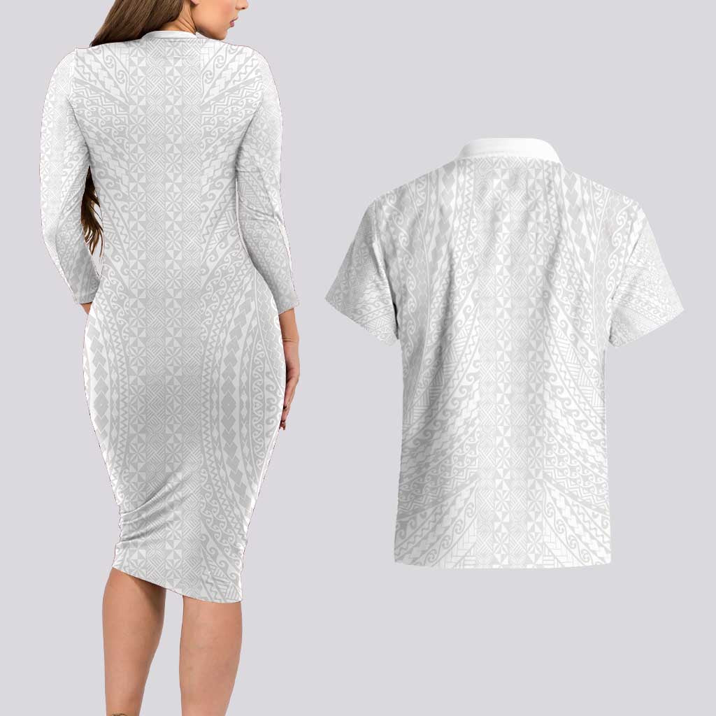 Lotu Tamaiti White Tongan Ngatu Couples Matching Long Sleeve Bodycon Dress and Hawaiian Shirt Polynesian Tribal Fonulei Pattern - Polynesian Pride