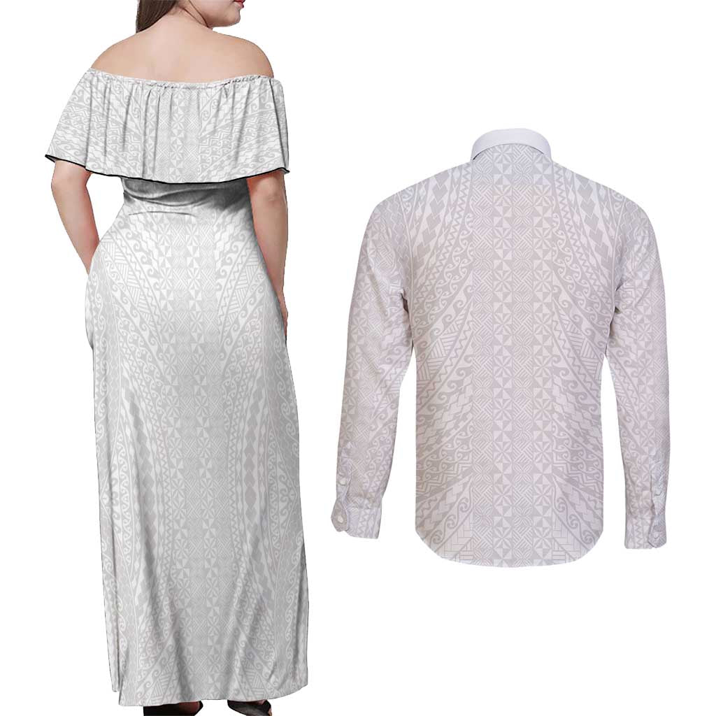 Lotu Tamaiti White Tongan Ngatu Couples Matching Off Shoulder Maxi Dress and Long Sleeve Button Shirt Polynesian Tribal Fonulei Pattern - Polynesian Pride