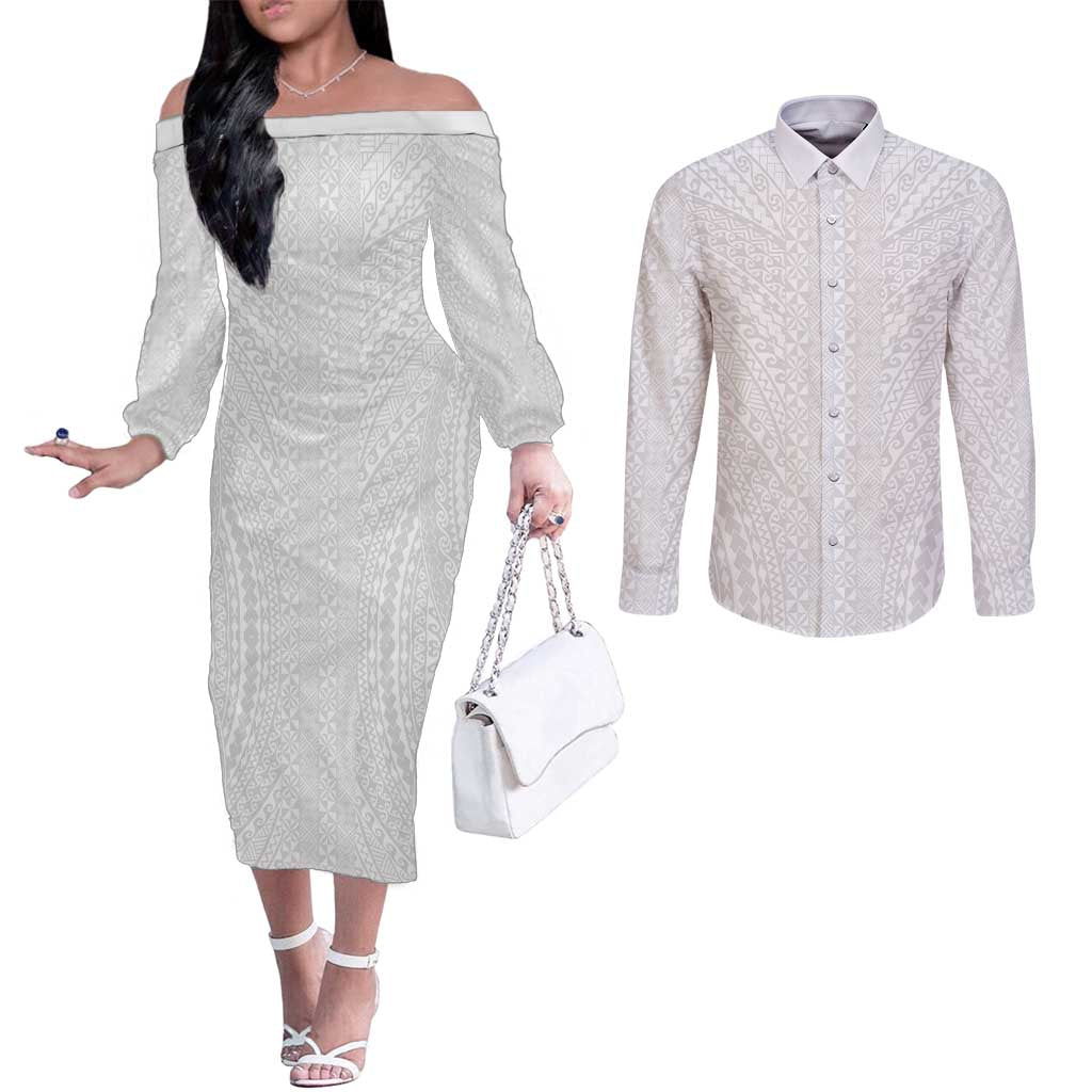 Lotu Tamaiti White Tongan Ngatu Couples Matching Off The Shoulder Long Sleeve Dress and Long Sleeve Button Shirt Polynesian Tribal Fonulei Pattern - Polynesian Pride