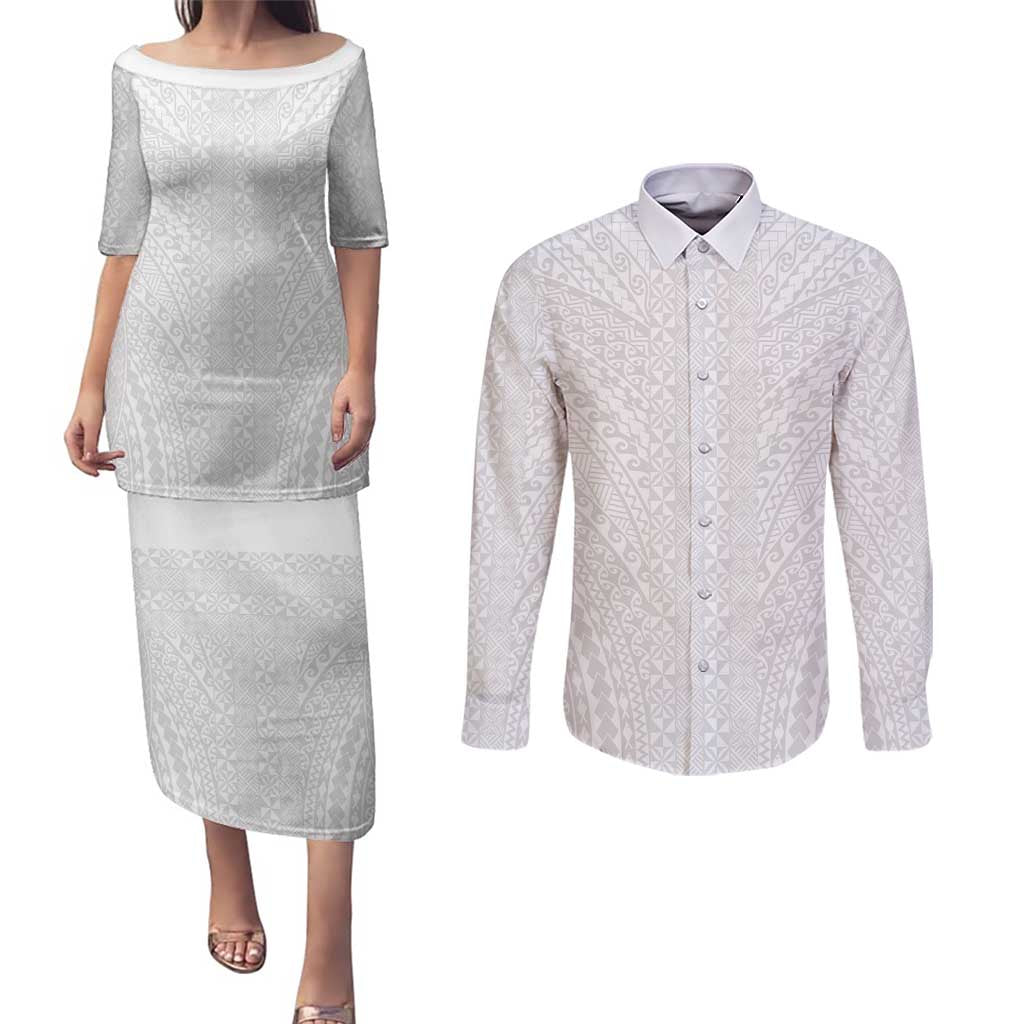 Lotu Tamaiti White Tongan Ngatu Couples Matching Puletasi and Long Sleeve Button Shirt Polynesian Tribal Fonulei Pattern - Polynesian Pride