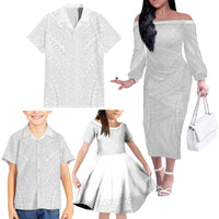 Lotu Tamaiti White Tongan Ngatu Family Matching Off The Shoulder Long Sleeve Dress and Hawaiian Shirt Polynesian Tribal Fonulei Pattern - Polynesian Pride