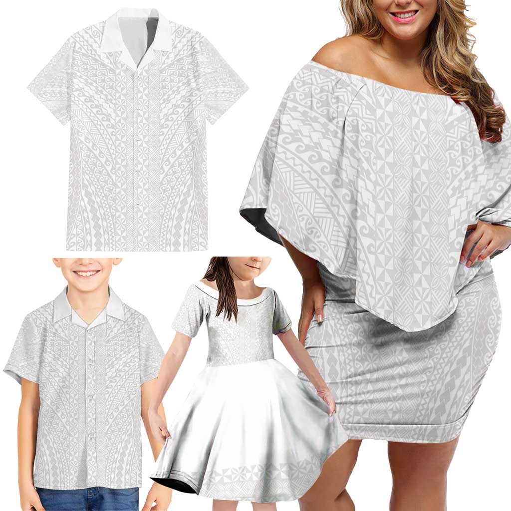 Lotu Tamaiti White Tongan Ngatu Family Matching Off Shoulder Short Dress and Hawaiian Shirt Polynesian Tribal Fonulei Pattern - Polynesian Pride