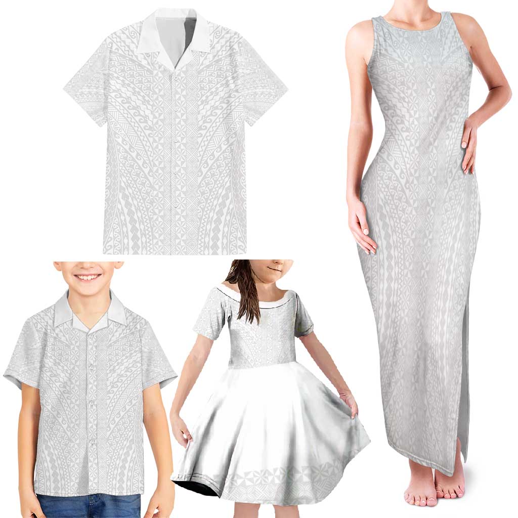 Lotu Tamaiti White Tongan Ngatu Family Matching Tank Maxi Dress and Hawaiian Shirt Polynesian Tribal Fonulei Pattern - Polynesian Pride