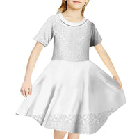 Lotu Tamaiti White Tongan Ngatu Kid Short Sleeve Dress Polynesian Tribal Fonulei Pattern - Polynesian Pride