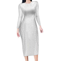 Lotu Tamaiti White Tongan Ngatu Long Sleeve Bodycon Dress Polynesian Tribal Fonulei Pattern - Polynesian Pride
