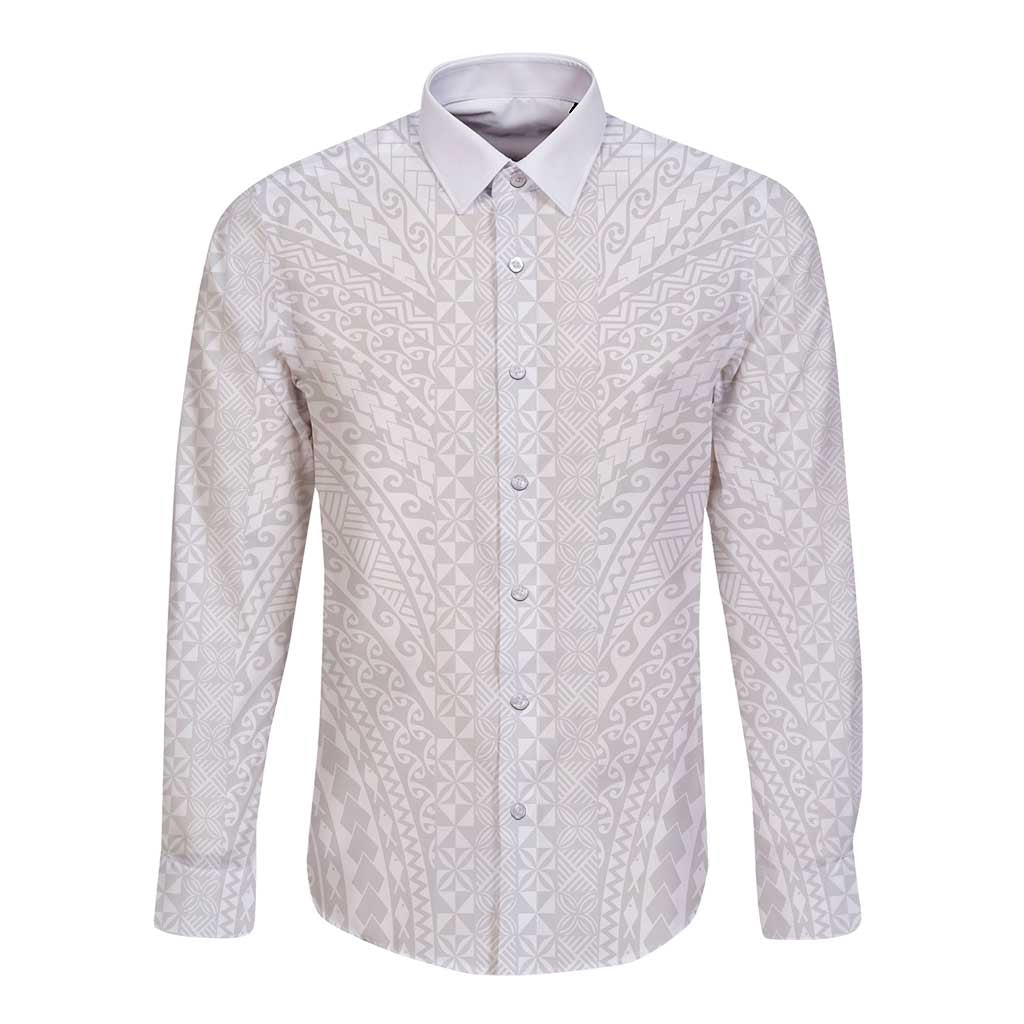 Lotu Tamaiti White Tongan Ngatu Long Sleeve Button Shirt Polynesian Tribal Fonulei Pattern - Polynesian Pride